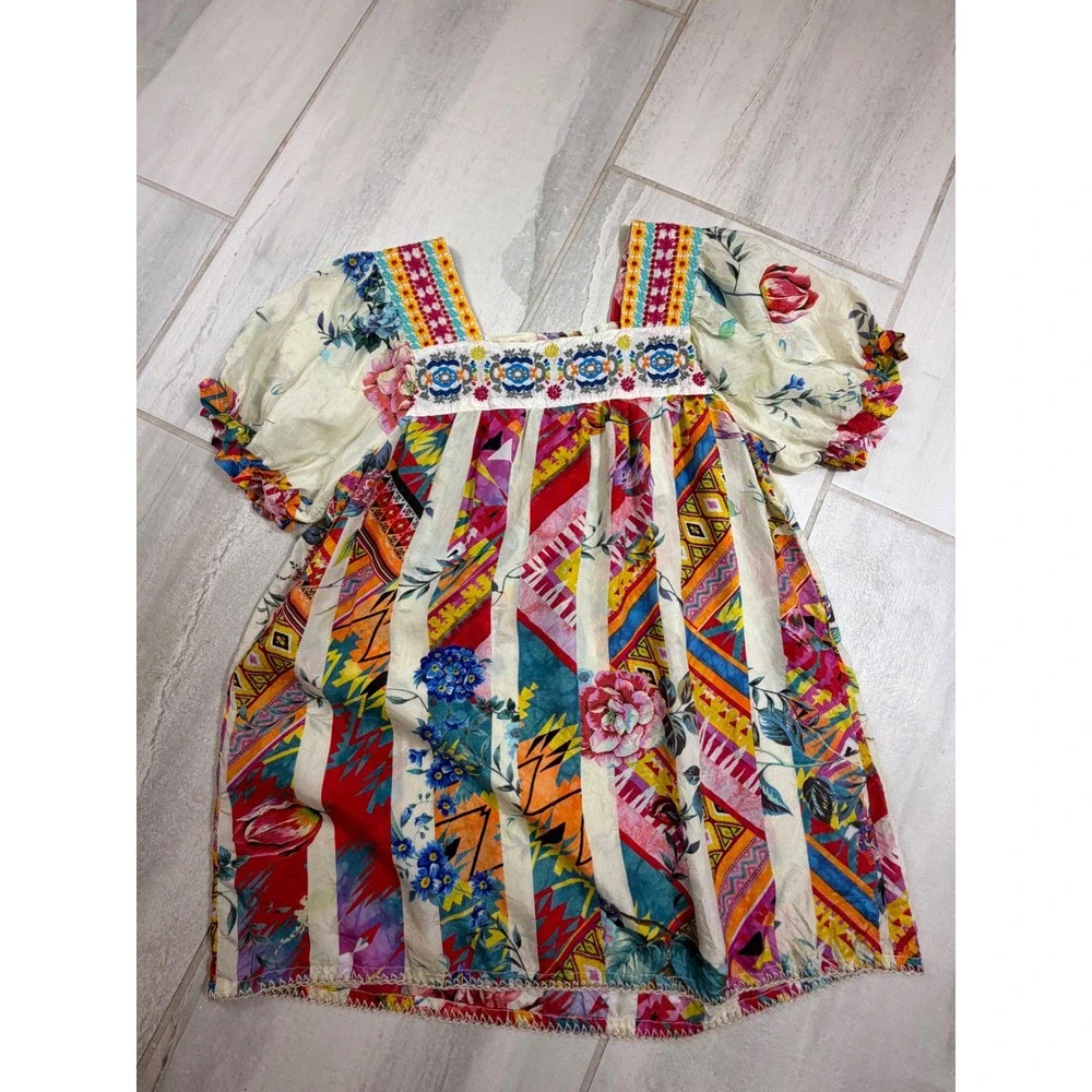 Johnny Was Silk Blouse XXS C13320A3 Floral Patchwork Embroidered Boho Top Multi